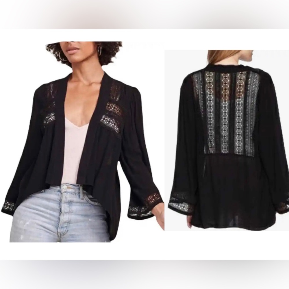 BB Dakota Cardigan XS Layla Black Open Front Crochet Neutral Boho Wide Sleeve